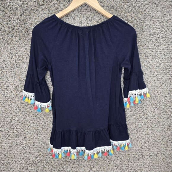 Crown & Ivy Top Womens Small Navy Blue Peasant Blouse Tassels Casual Ladies - Picture 7 of 7